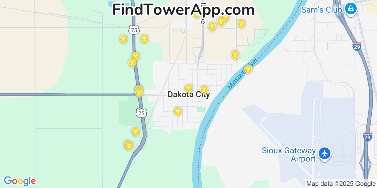 Map showing the 20 primary cell tower locations detected in Dakota City, Nebraska from AT&T, Verizon, and T-Mobile networks