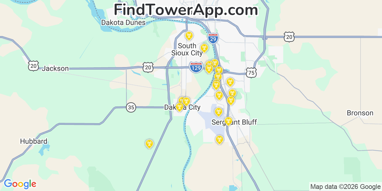 Map showing the 20 primary cell tower locations detected in Dakota City, Nebraska from AT&T, Verizon, and T-Mobile networks