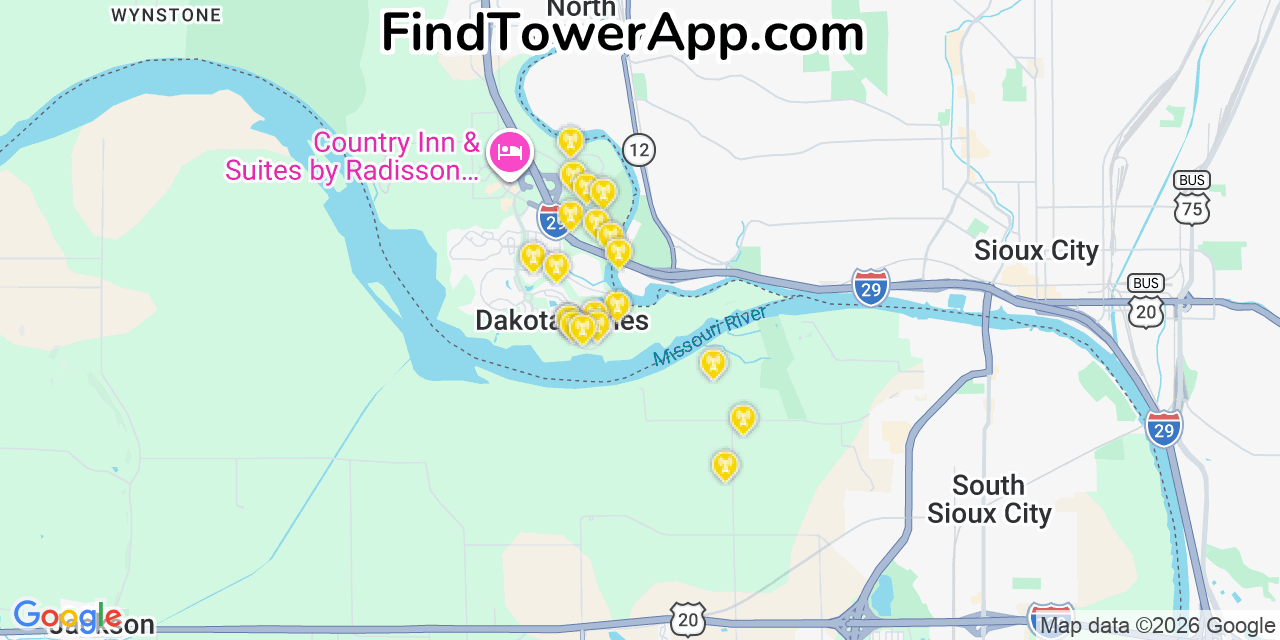Map showing the 20 primary cell tower locations detected in Dakota Dunes, South Dakota from AT&T, Verizon, and T-Mobile networks