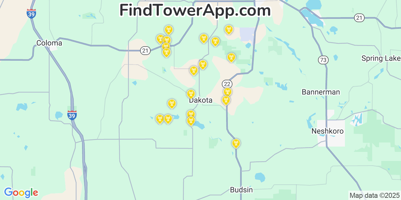 Map showing the 20 primary cell tower locations detected in Dakota, Wisconsin from AT&T, Verizon, and T-Mobile networks