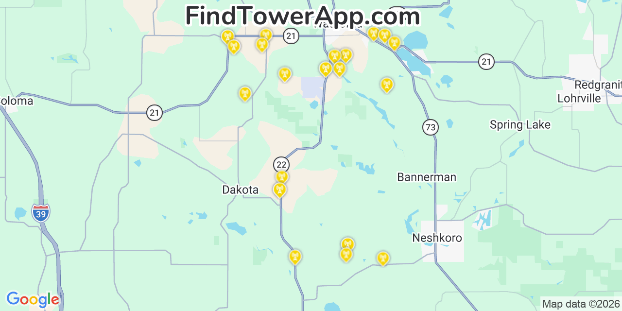 Map showing the 20 primary cell tower locations detected in Dakota, Wisconsin from AT&T, Verizon, and T-Mobile networks