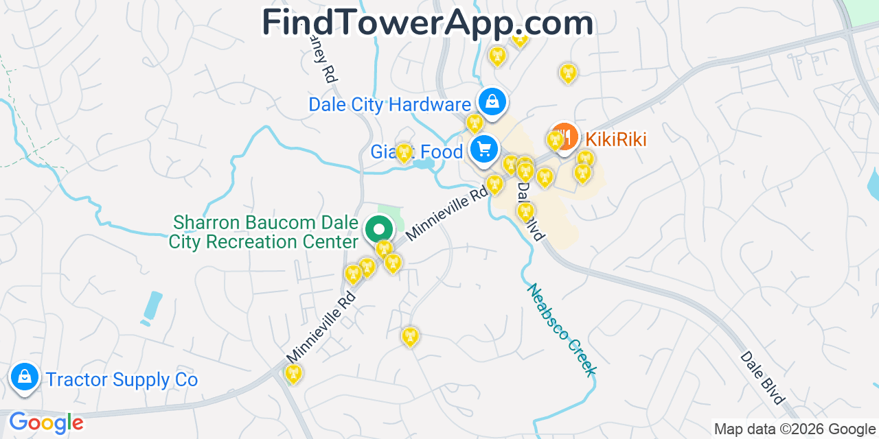 Map showing the 20 primary cell tower locations detected in Dale City, Virginia from AT&T, Verizon, and T-Mobile networks