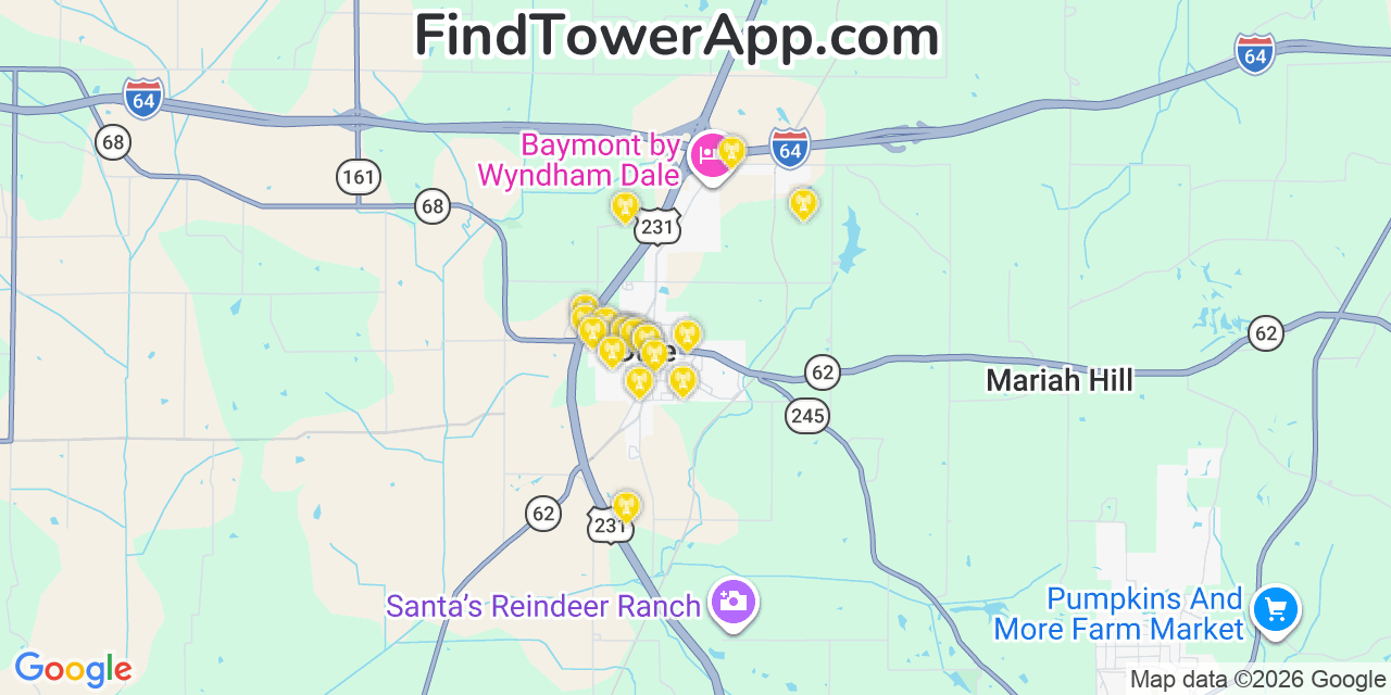 Map showing the 20 primary cell tower locations detected in Dale, Indiana from AT&T, Verizon, and T-Mobile networks