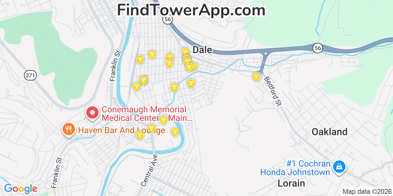 Map showing the 20 primary cell tower locations detected in Dale, Pennsylvania from AT&T, Verizon, and T-Mobile networks