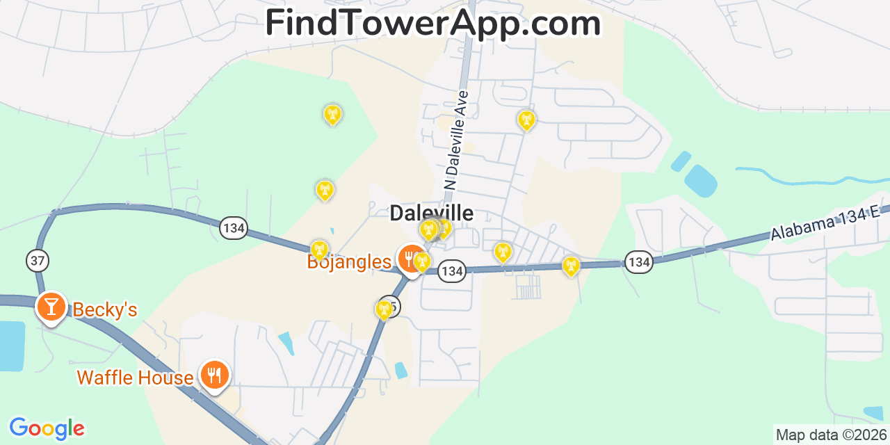 Map showing the 20 primary cell tower locations detected in Daleville, Alabama from AT&T, Verizon, and T-Mobile networks