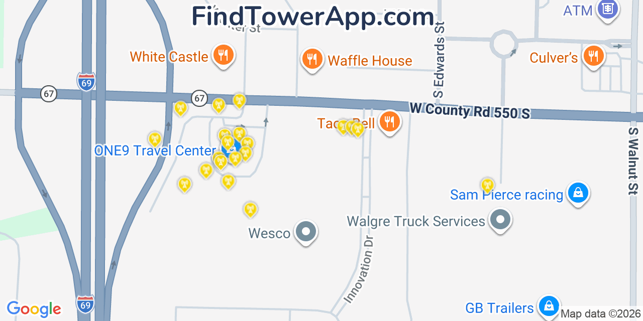 Map showing the 20 primary cell tower locations detected in Daleville, Indiana from AT&T, Verizon, and T-Mobile networks