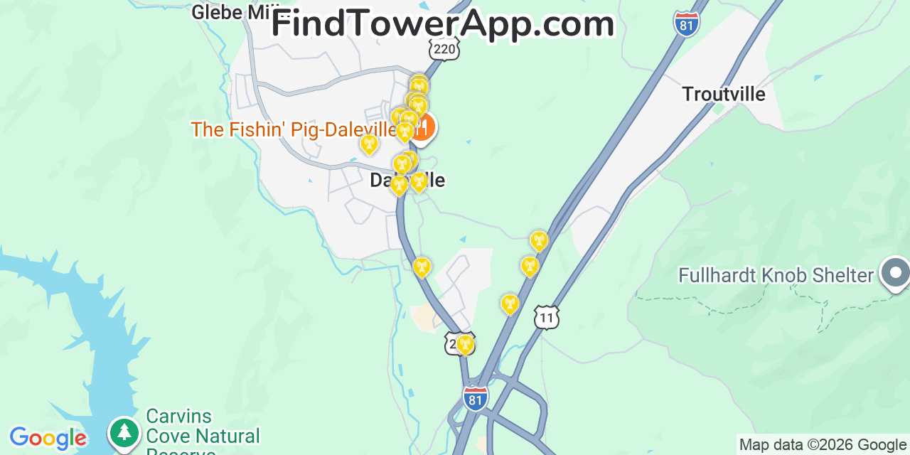 Map showing the 20 primary cell tower locations detected in Daleville, Virginia from AT&T, Verizon, and T-Mobile networks