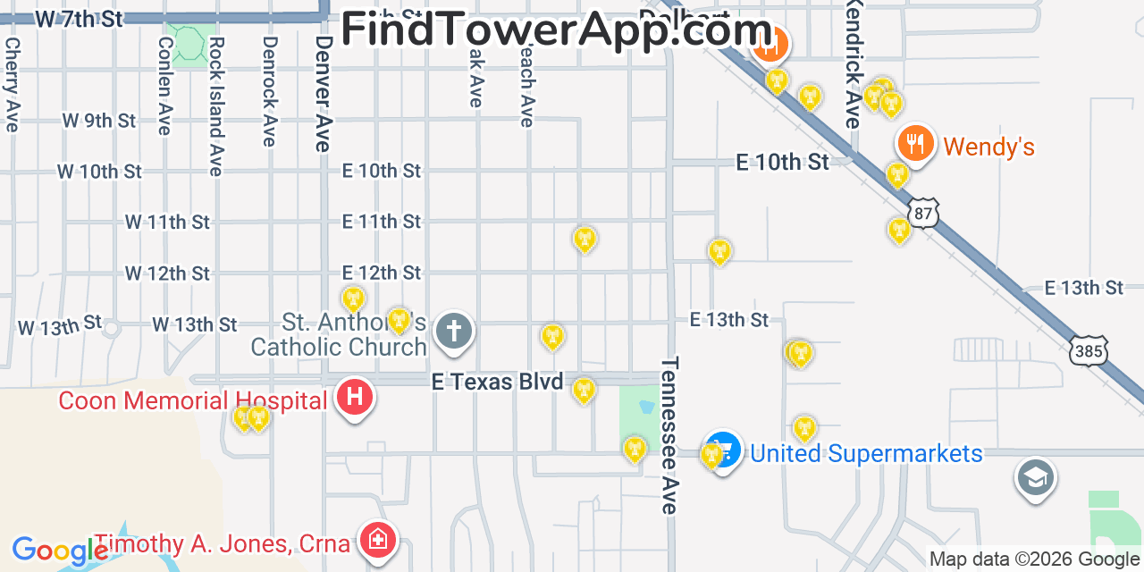 Map showing the 20 primary cell tower locations detected in Dalhart, Texas from AT&T, Verizon, and T-Mobile networks