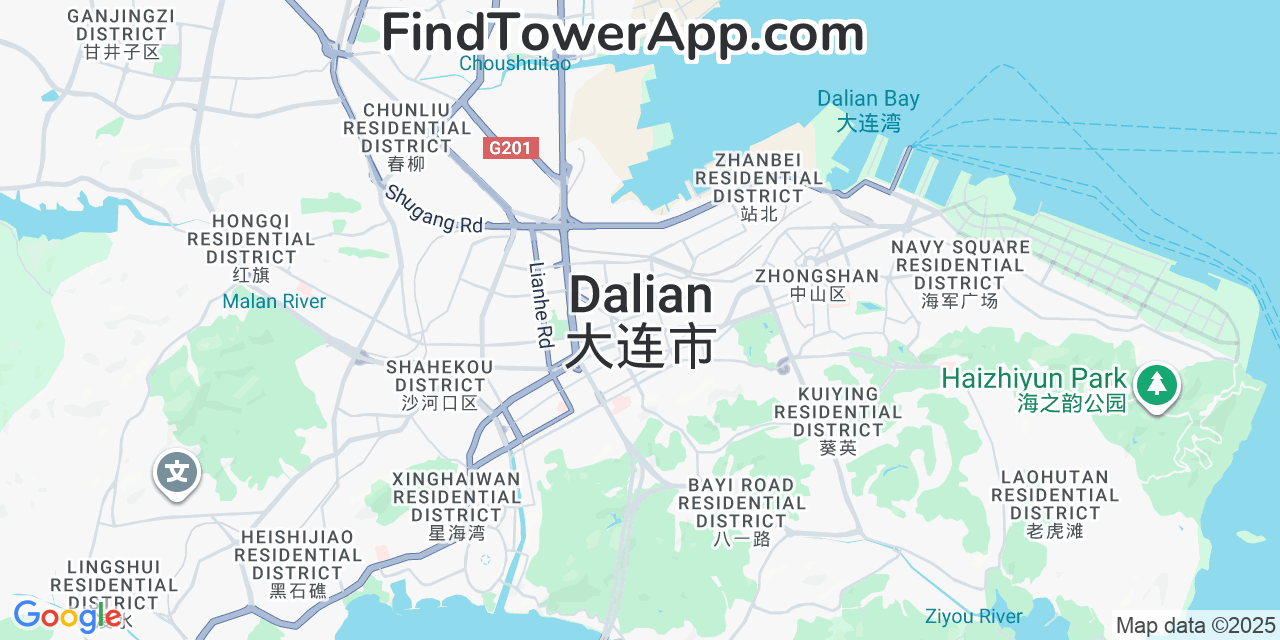 Map showing the 0 primary China-Telecom cell tower locations detected in Dalian, China with coverage radius and signal strength indicators