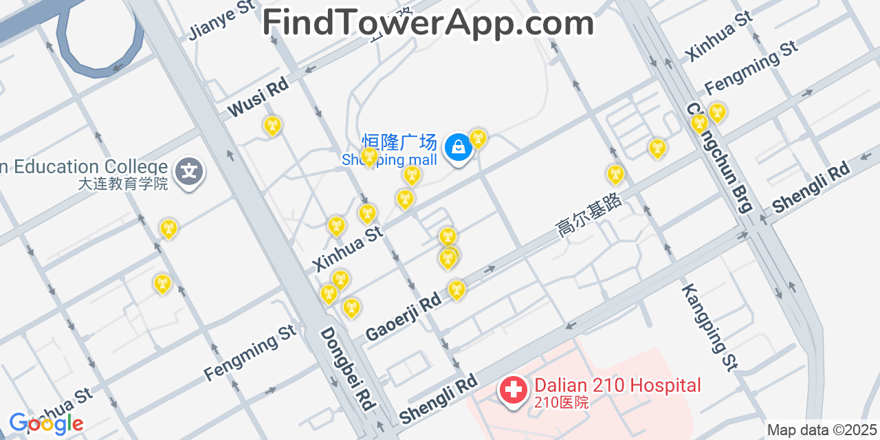 Map showing the 20 primary cell tower locations detected in Dalian, China with coverage areas and signal strength