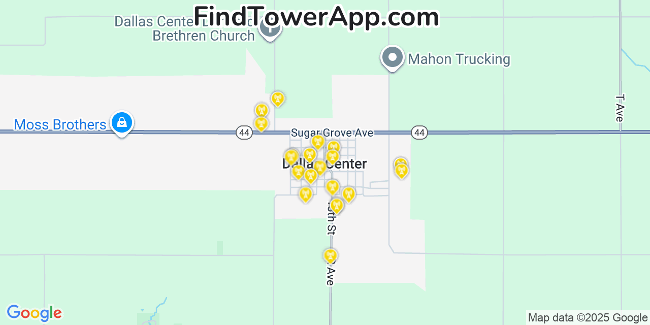 Map showing the 20 primary cell tower locations detected in Dallas Center, Iowa from AT&T, Verizon, and T-Mobile networks