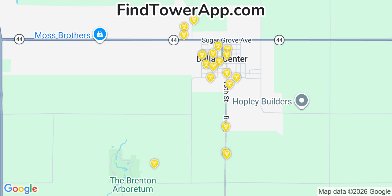 Map showing the 20 primary cell tower locations detected in Dallas Center, Iowa from AT&T, Verizon, and T-Mobile networks