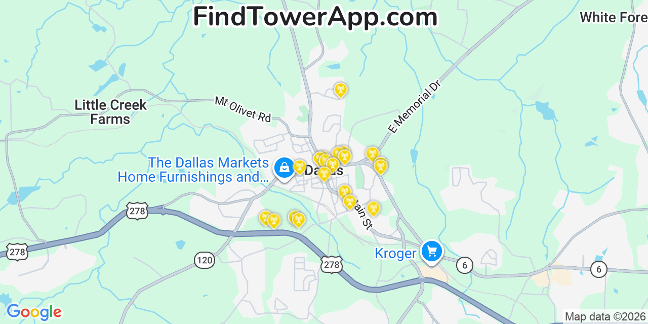 Map showing the 20 primary cell tower locations detected in Dallas, Georgia from AT&T, Verizon, and T-Mobile networks