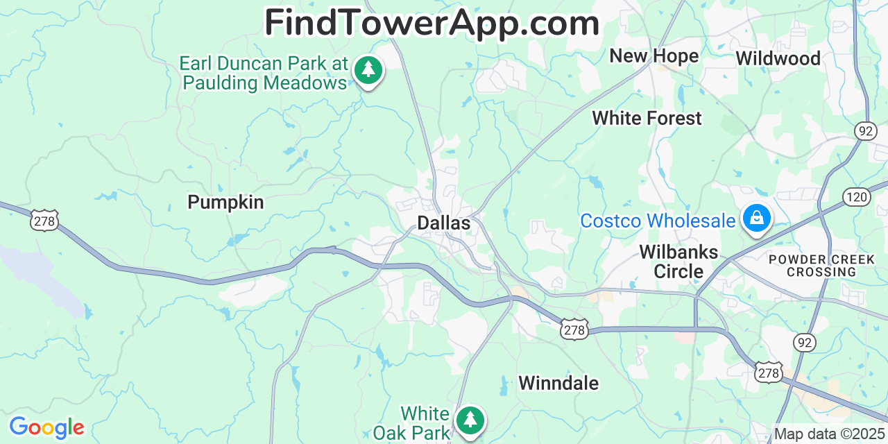 Map showing the 20 primary Mobitel cell tower locations detected in Dallas, Georgia with coverage radius and signal strength indicators