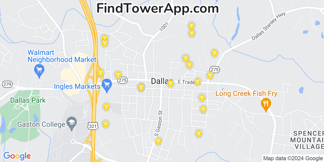 AT&T 4G/5G cell tower coverage map Dallas, North Carolina