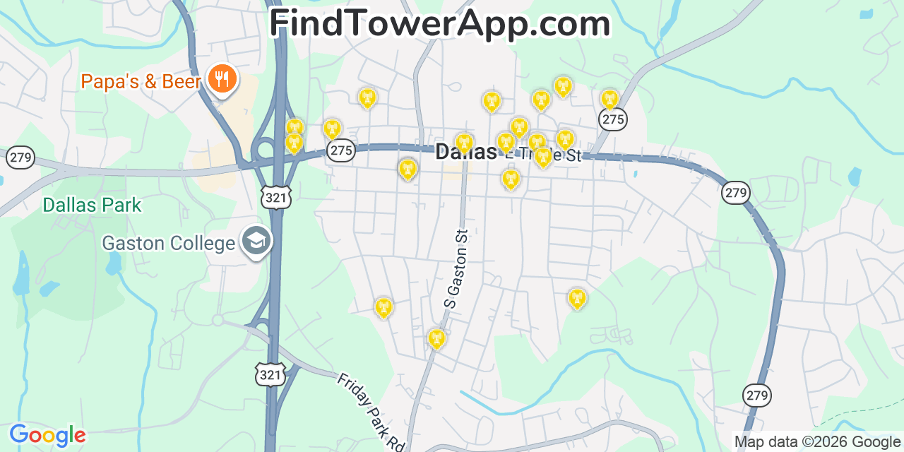 Map showing the 20 primary cell tower locations detected in Dallas, North Carolina from AT&T, Verizon, and T-Mobile networks