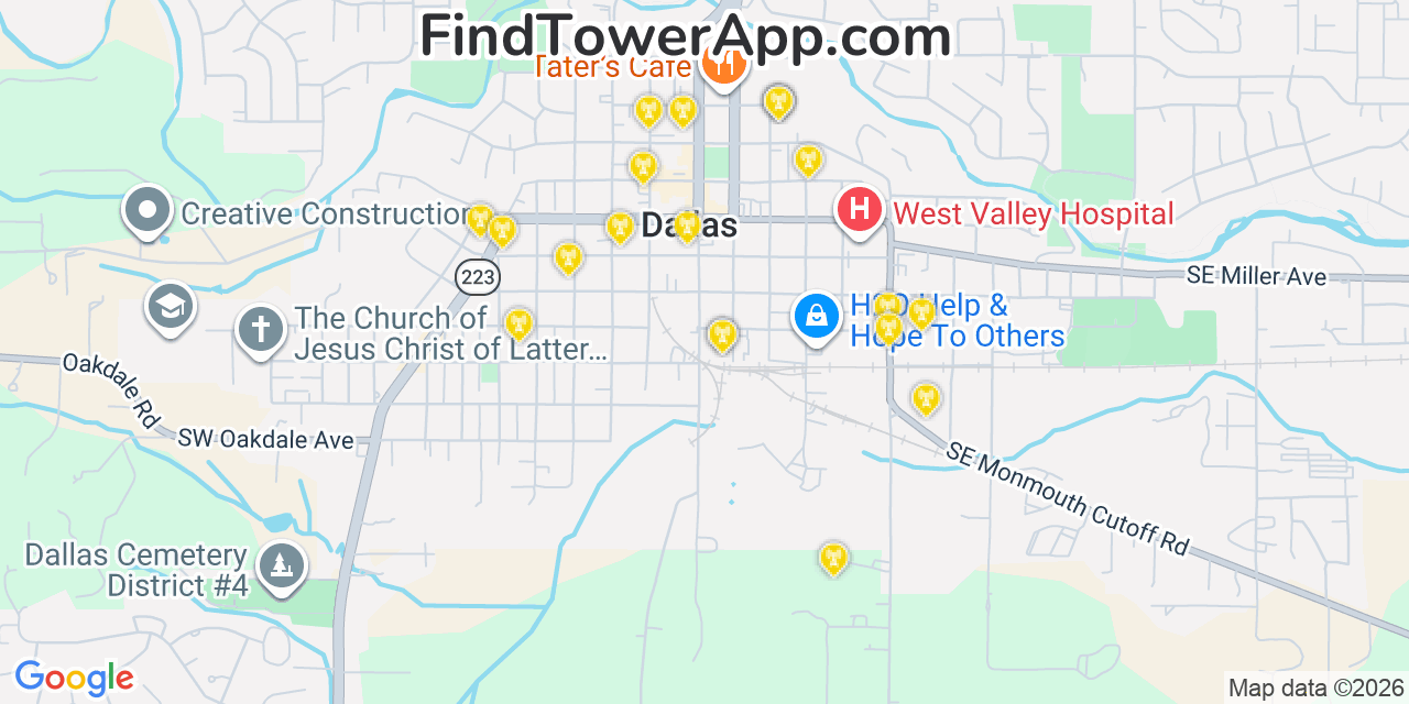 Map showing the 20 primary cell tower locations detected in Dallas, Oregon from AT&T, Verizon, and T-Mobile networks