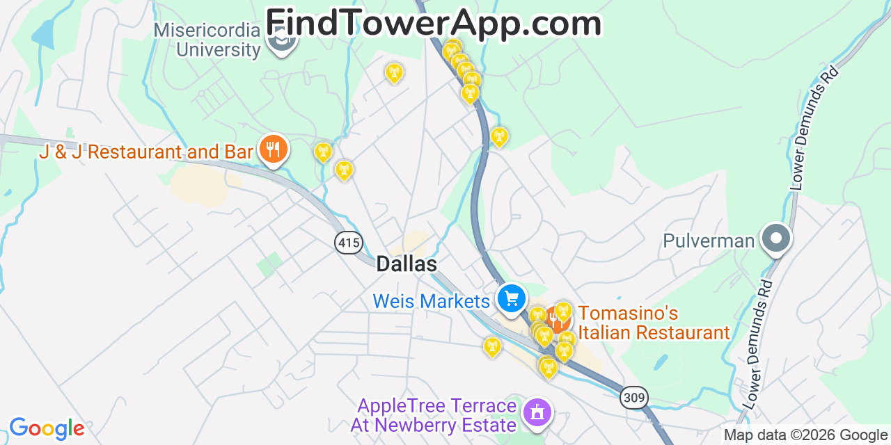 Map showing the 20 primary cell tower locations detected in Dallas, Pennsylvania from AT&T, Verizon, and T-Mobile networks