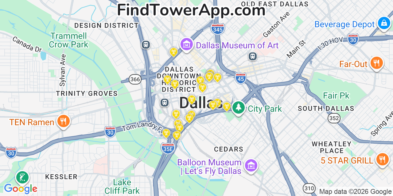Map showing the 20 primary cell tower locations detected in Dallas, Texas from AT&T, Verizon, and T-Mobile networks