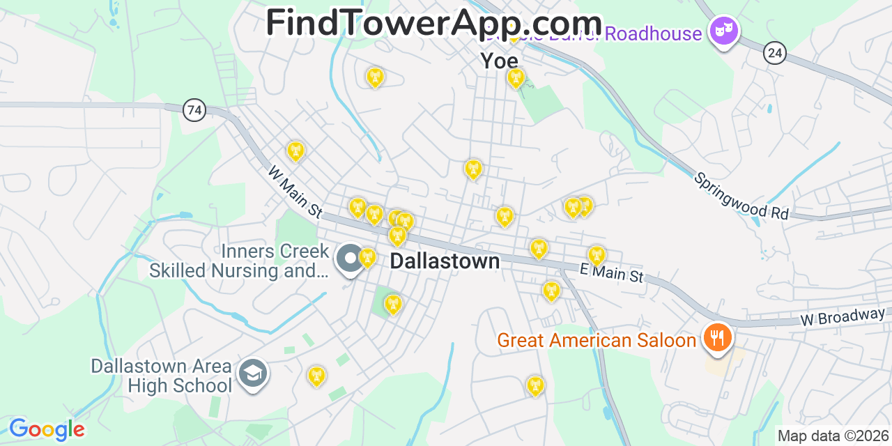 Map showing the 20 primary cell tower locations detected in Dallastown, Pennsylvania from AT&T, Verizon, and T-Mobile networks