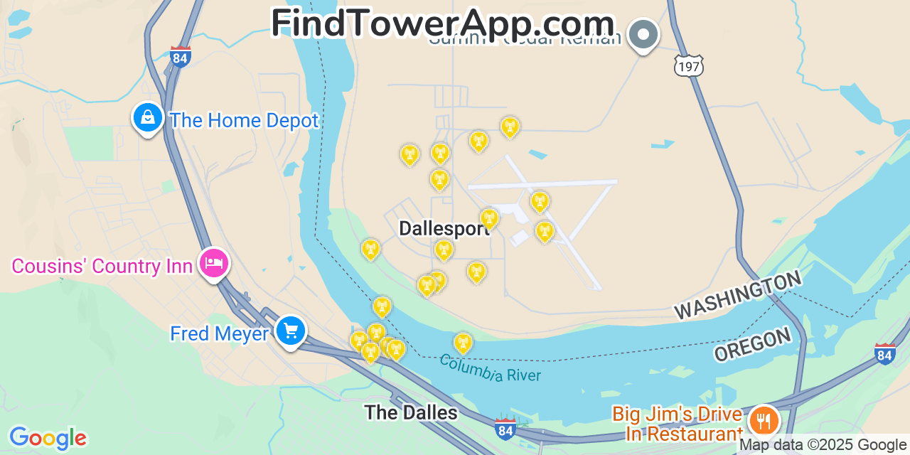 Map showing the 20 primary cell tower locations detected in Dallesport, Washington from AT&T, Verizon, and T-Mobile networks