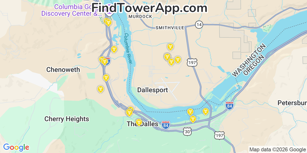Map showing the 20 primary cell tower locations detected in Dallesport, Washington from AT&T, Verizon, and T-Mobile networks