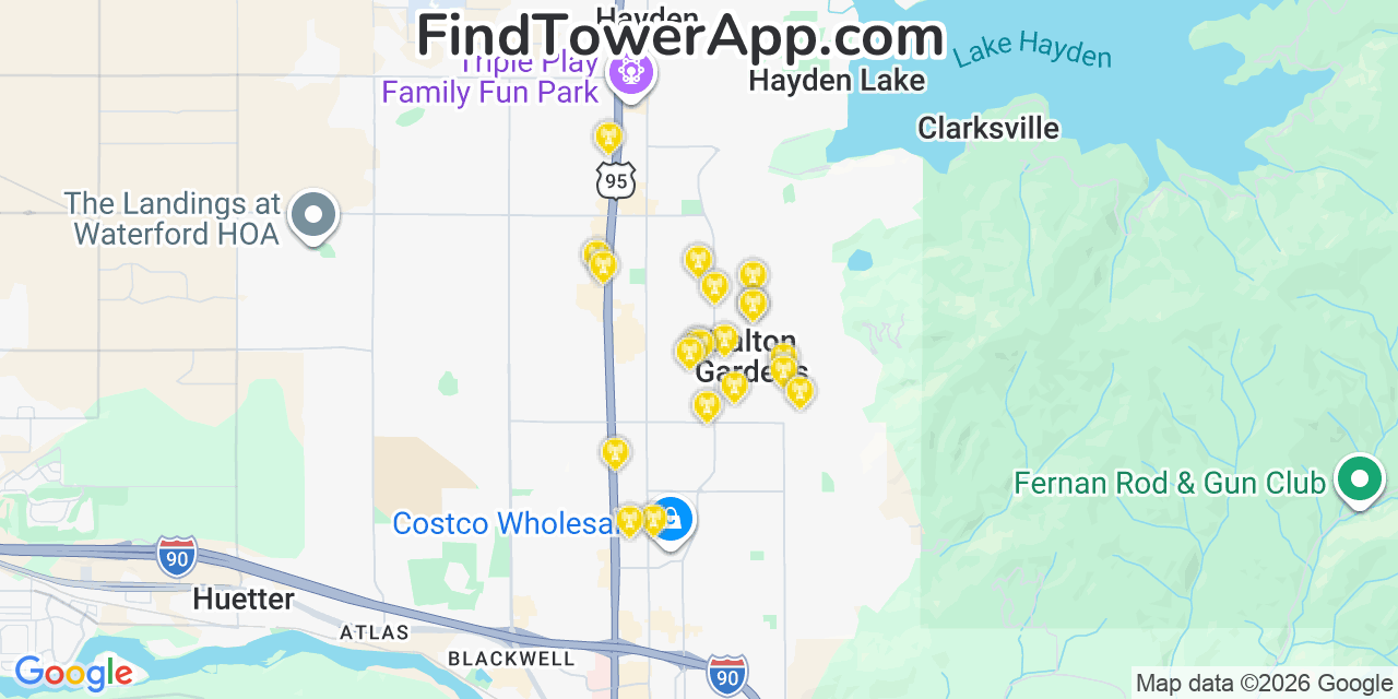 Map showing the 20 primary cell tower locations detected in Dalton Gardens, Idaho from AT&T, Verizon, and T-Mobile networks