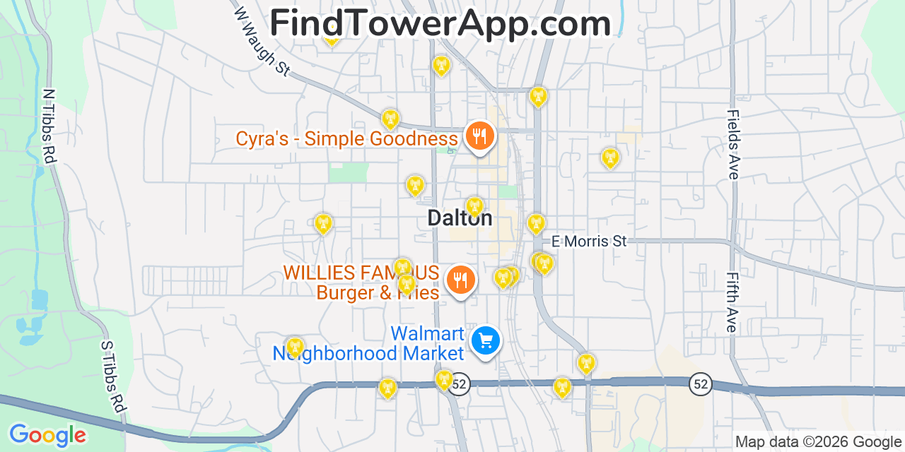 Map showing the 20 primary cell tower locations detected in Dalton, Georgia from AT&T, Verizon, and T-Mobile networks