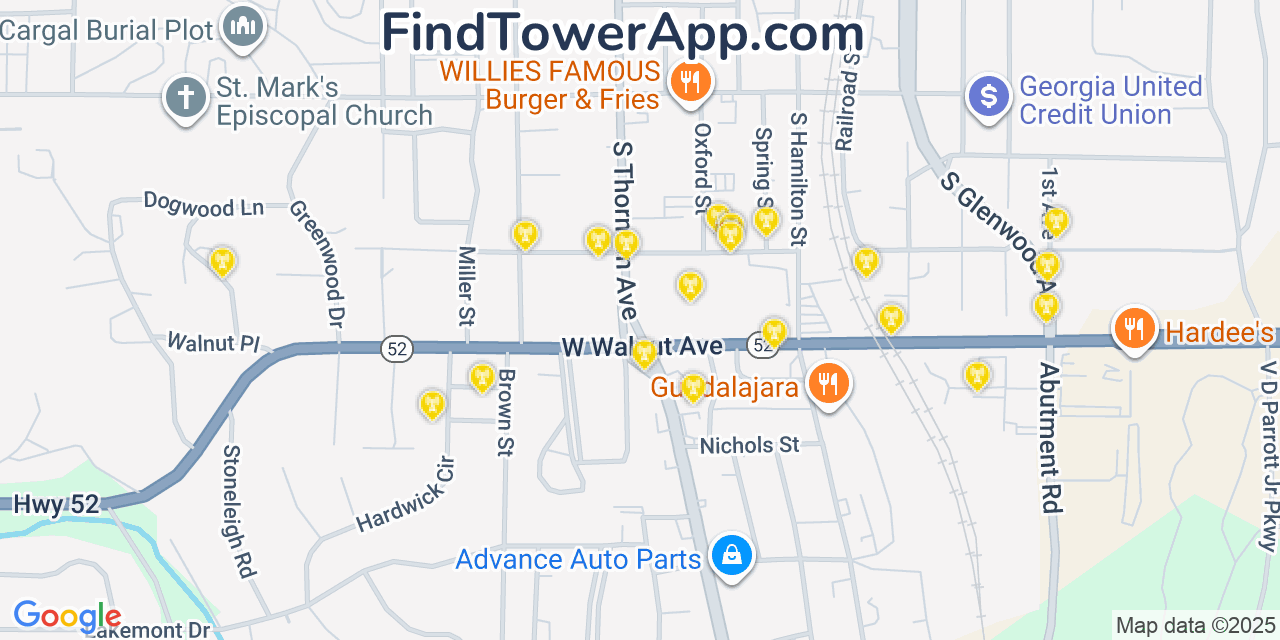 Map showing the 20 primary Mobitel cell tower locations detected in Dalton, Georgia with coverage radius and signal strength indicators
