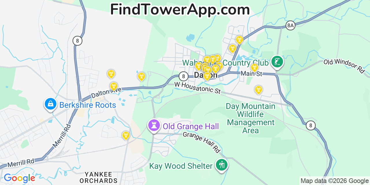 Map showing the 20 primary cell tower locations detected in Dalton, Massachusetts from AT&T, Verizon, and T-Mobile networks