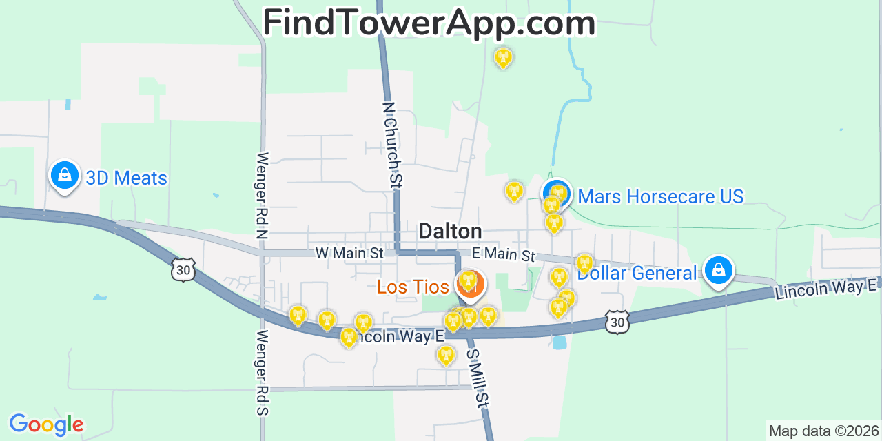 Map showing the 20 primary cell tower locations detected in Dalton, Ohio from AT&T, Verizon, and T-Mobile networks