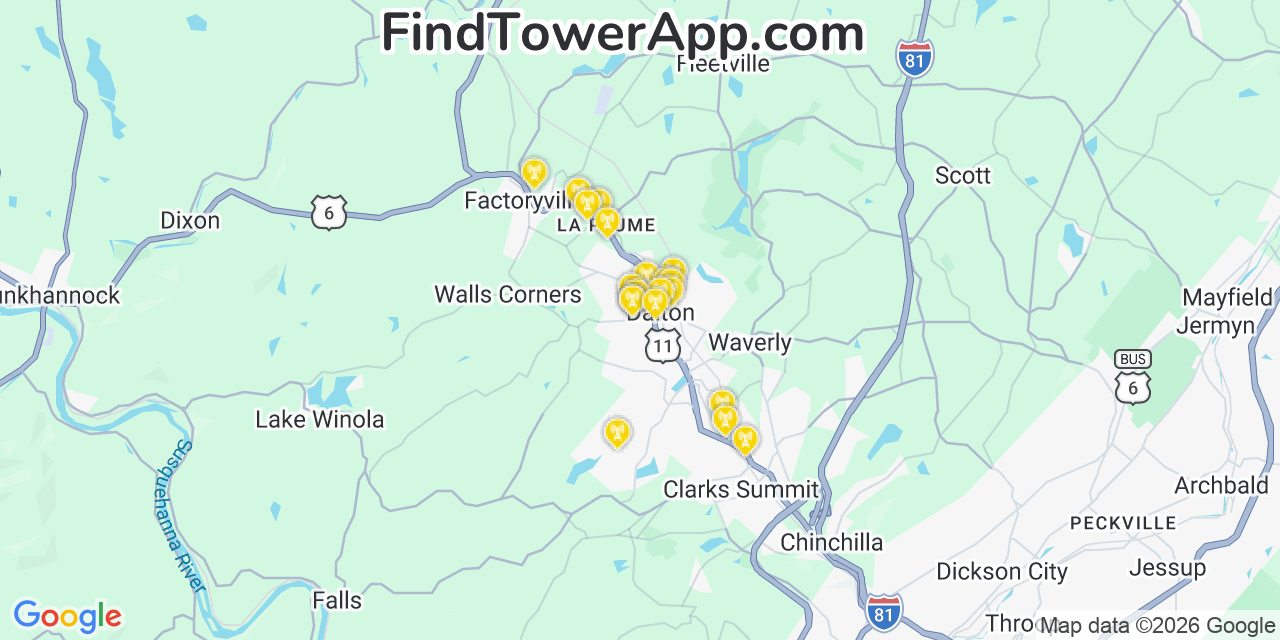 Map showing the 20 primary cell tower locations detected in Dalton, Pennsylvania from AT&T, Verizon, and T-Mobile networks