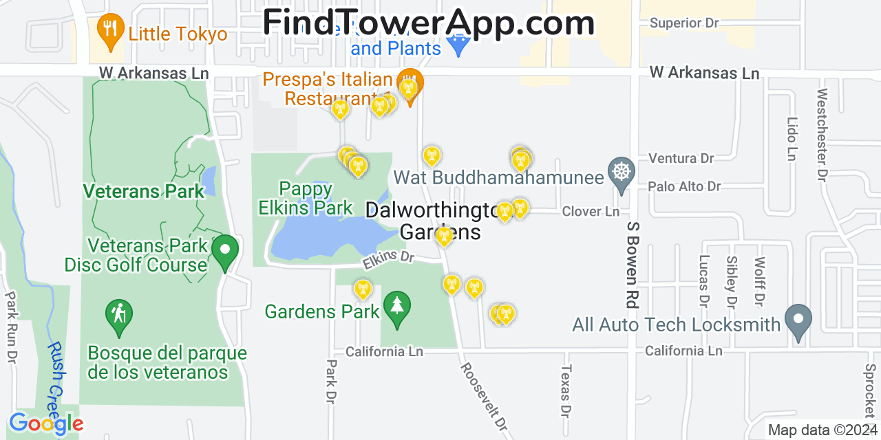 AT&T 4G/5G cell tower coverage map Dalworthington Gardens, Texas