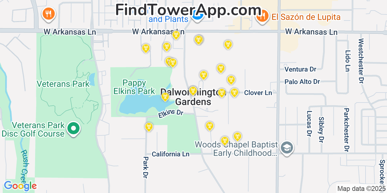 Map showing the 20 primary cell tower locations detected in Dalworthington Gardens, Texas from AT&T, Verizon, and T-Mobile networks