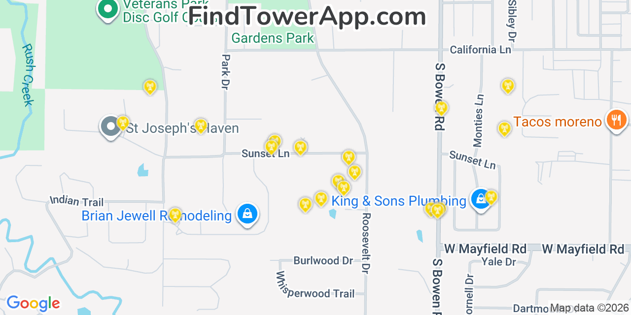 Map showing the 20 primary cell tower locations detected in Dalworthington Gardens, Texas from AT&T, Verizon, and T-Mobile networks