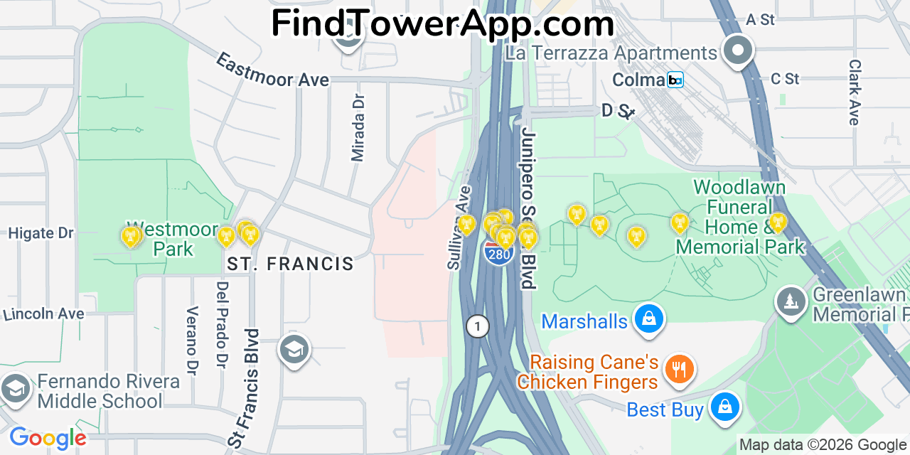 Map showing the 20 primary cell tower locations detected in Daly City, California from AT&T, Verizon, and T-Mobile networks