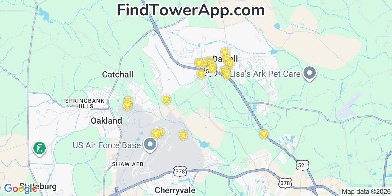 Map showing the 20 primary cell tower locations detected in Dalzell, South Carolina from AT&T, Verizon, and T-Mobile networks