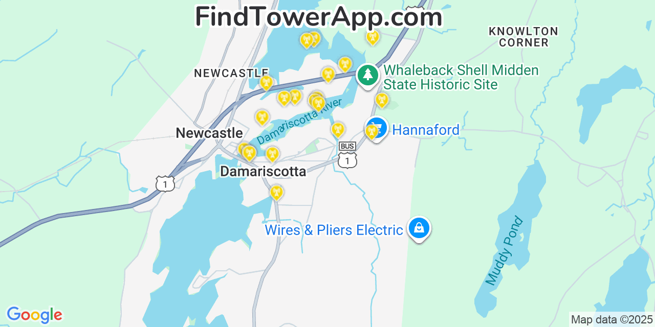 Map showing the 20 primary cell tower locations detected in Damariscotta, Maine from AT&T, Verizon, and T-Mobile networks