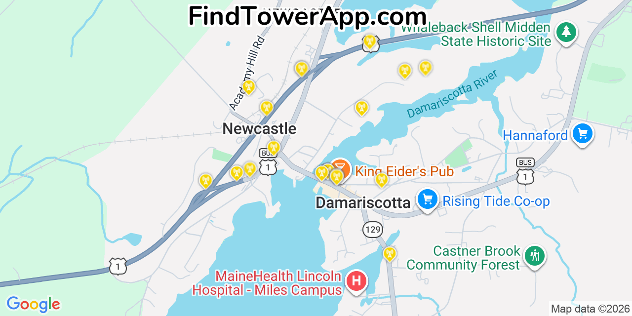 Map showing the 20 primary cell tower locations detected in Damariscotta, Maine from AT&T, Verizon, and T-Mobile networks