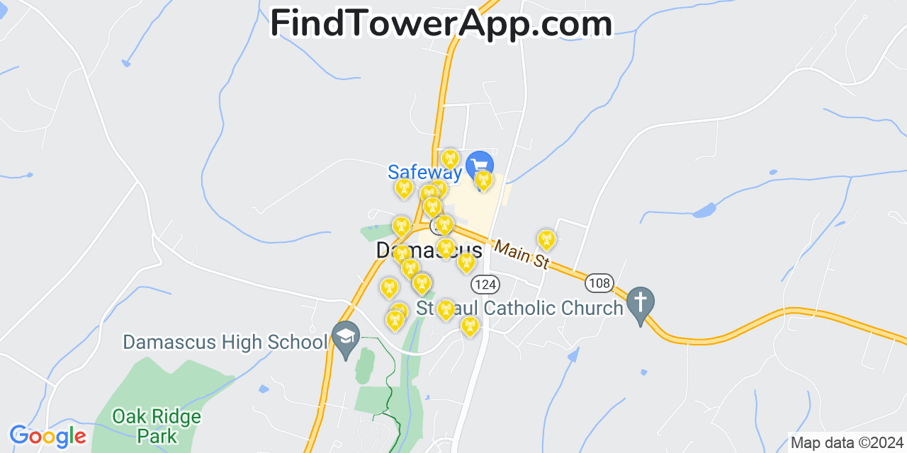 AT&T 4G/5G cell tower coverage map Damascus, Maryland