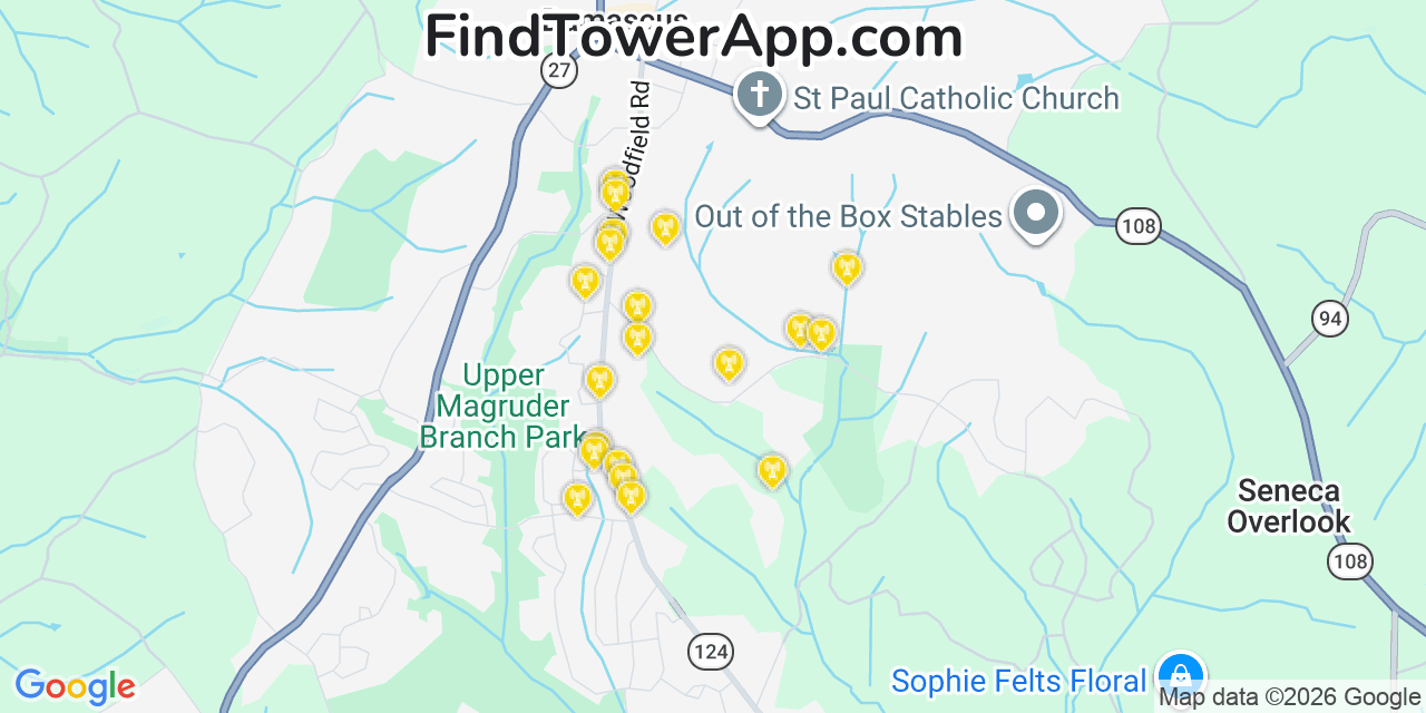 Map showing the 20 primary cell tower locations detected in Damascus, Maryland from AT&T, Verizon, and T-Mobile networks