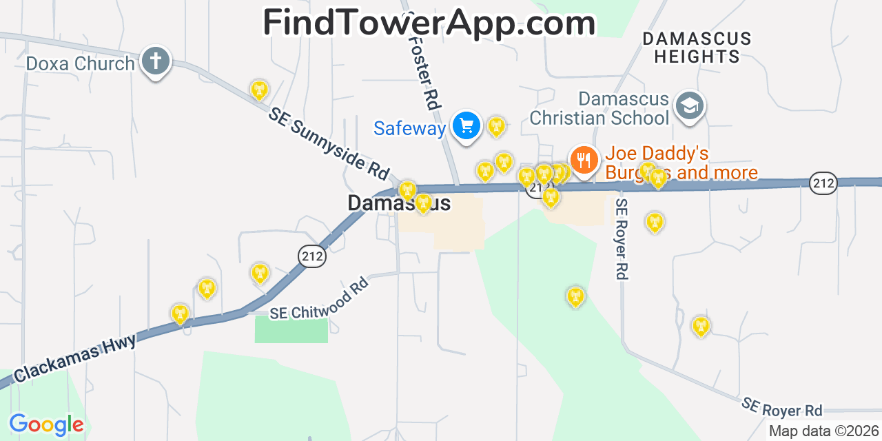 Map showing the 20 primary cell tower locations detected in Damascus, Oregon from AT&T, Verizon, and T-Mobile networks