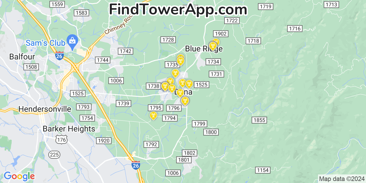 AT&T 4G/5G cell tower coverage map Dana, North Carolina