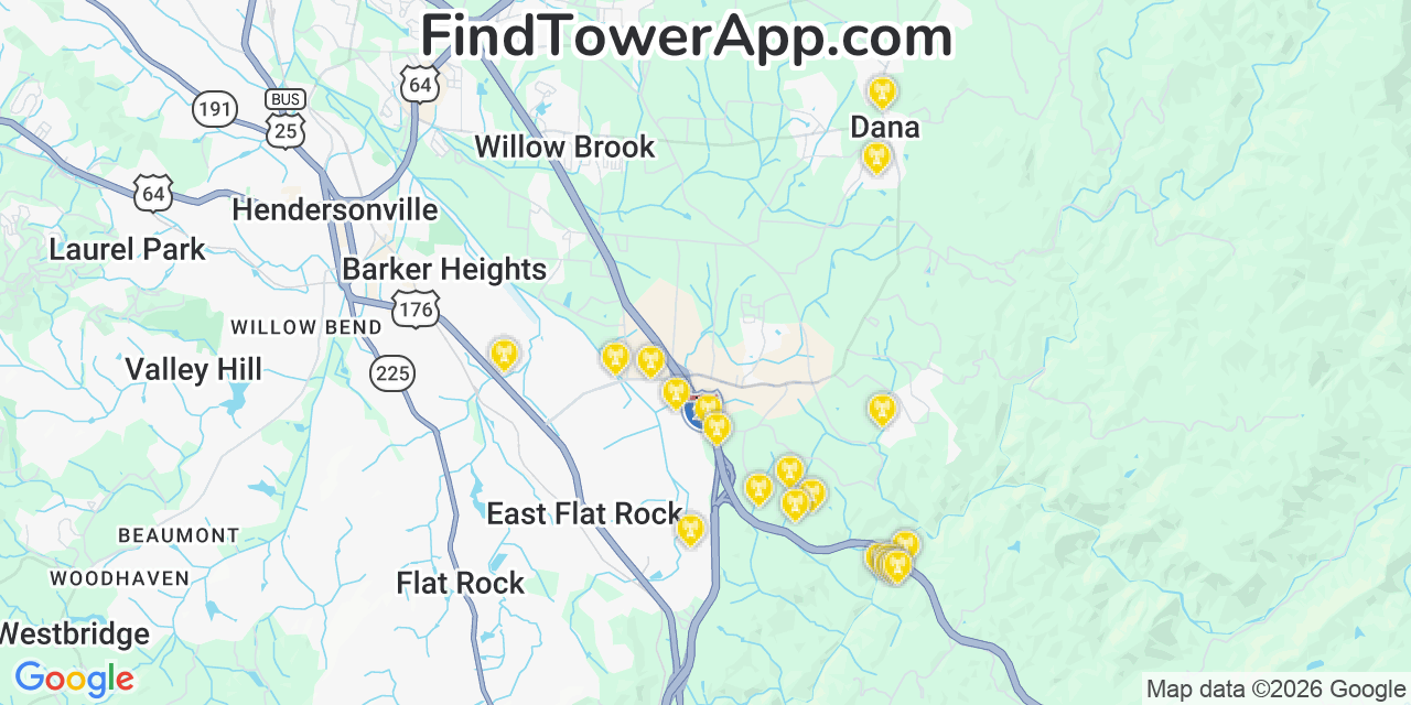 Map showing the 20 primary cell tower locations detected in Dana, North Carolina from AT&T, Verizon, and T-Mobile networks