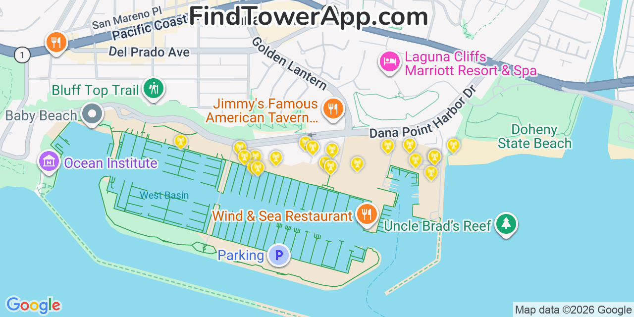 Map showing the 20 primary cell tower locations detected in Dana Point, California from AT&T, Verizon, and T-Mobile networks