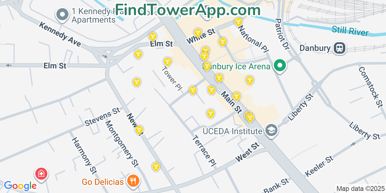Map showing the 20 primary cell tower locations detected in Danbury, Connecticut from AT&T, Verizon, and T-Mobile networks