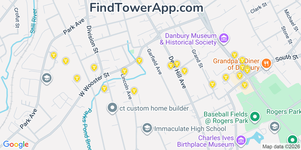 Map showing the 20 primary cell tower locations detected in Danbury, Connecticut from AT&T, Verizon, and T-Mobile networks