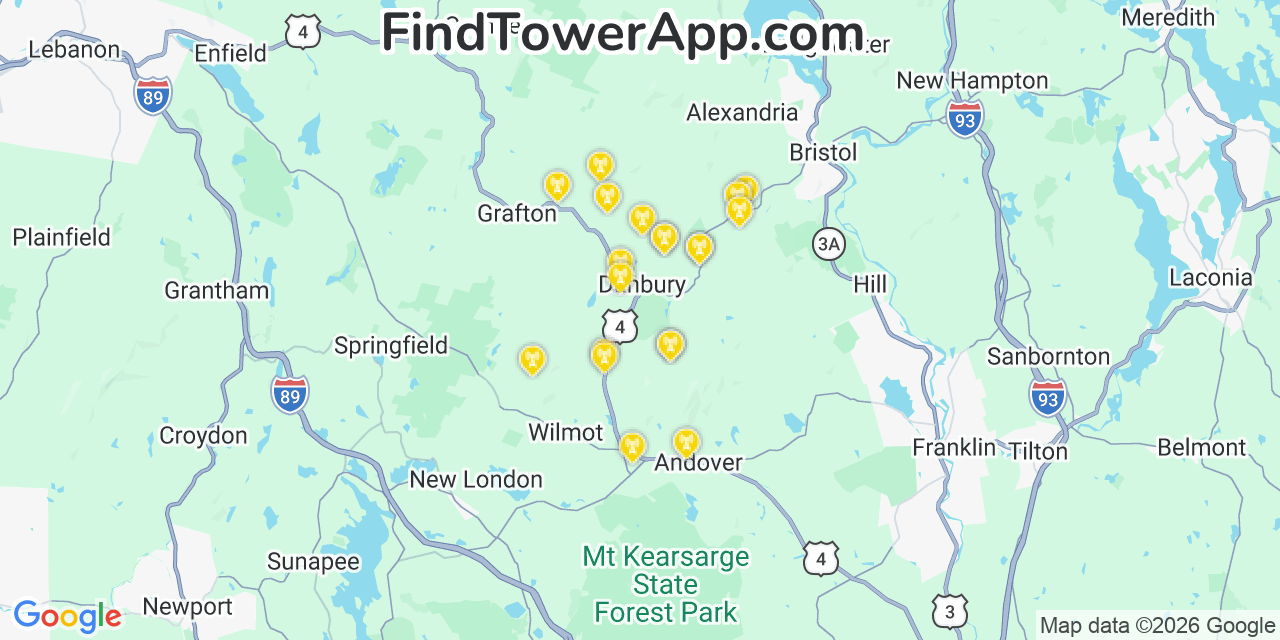 Map showing the 20 primary cell tower locations detected in Danbury, New Hampshire from AT&T, Verizon, and T-Mobile networks