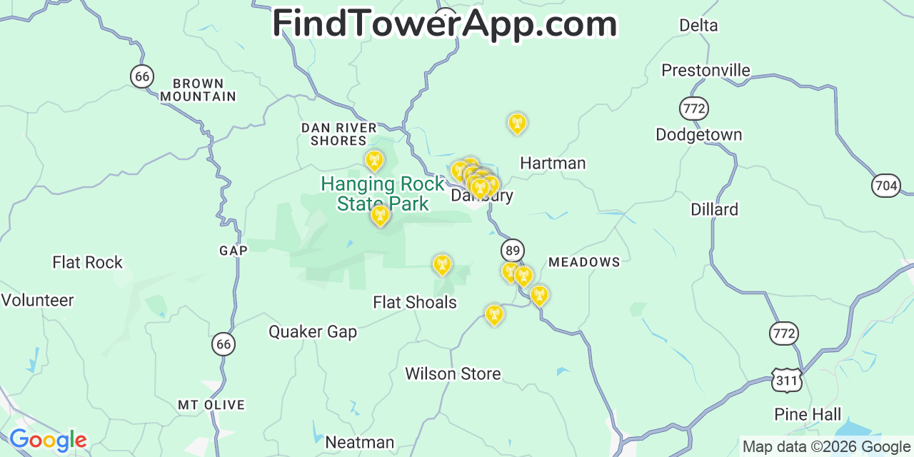 Map showing the 20 primary cell tower locations detected in Danbury, North Carolina from AT&T, Verizon, and T-Mobile networks