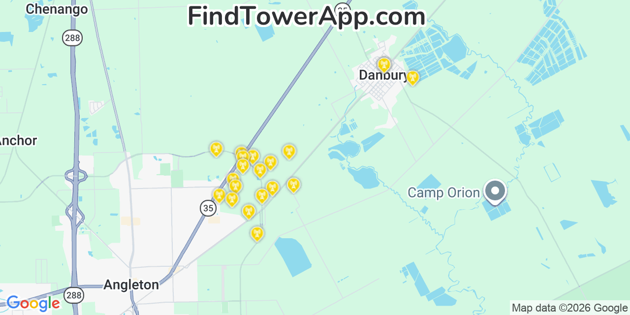 Map showing the 20 primary cell tower locations detected in Danbury, Texas from AT&T, Verizon, and T-Mobile networks